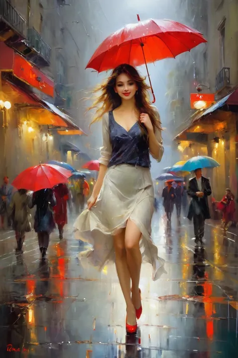 Oil painting in Pino Daeni style, it is raining, with the red umbrella she walks happily through the streets of the city in the rain. Her long hair flutters between the lights, which reflect on the wet asphalt! Wonderful detail, incredible pose full of gra...