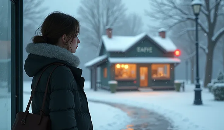 Snowy day　bus stop　 beauty 　 sheds tears 　Back view of a woman leaving in front of a cafe

