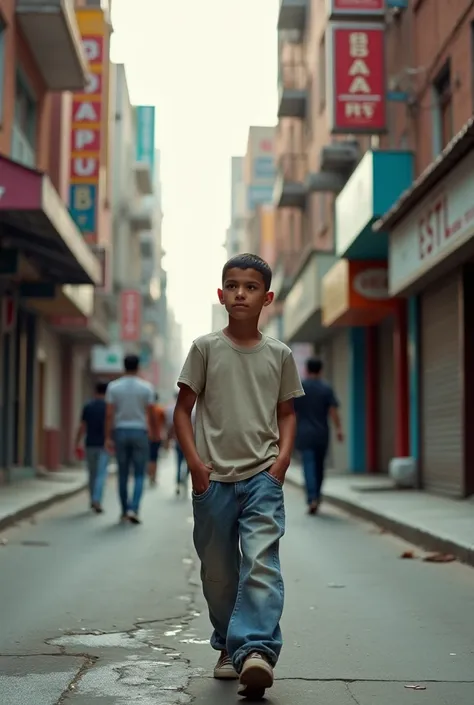 Create a photo of a brown boy walking down the street 