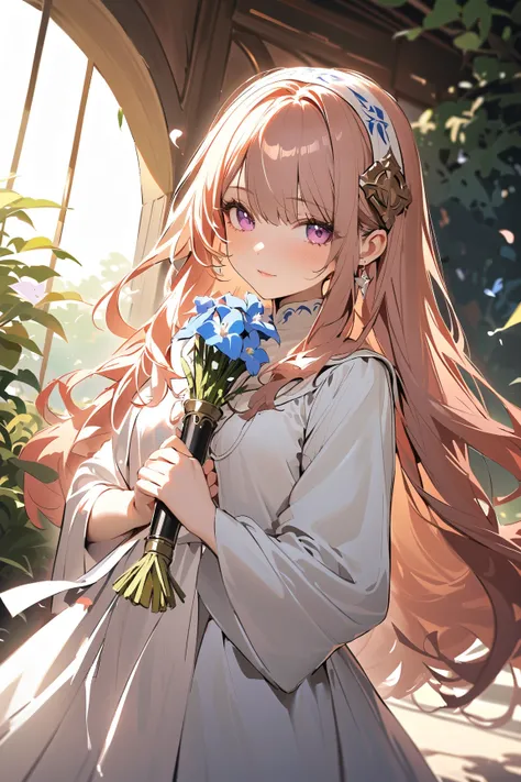 1 girl, (serene face), young adult, wavy long hair, (dressed in a clerics gown with holy symbols), small breasts, petite, (holding a glowing mace),  
BREAK  
picturesque path adorned with colorful flower petals, peaceful garden in the background, (gently t...