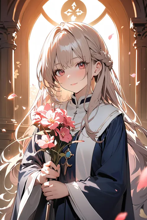 1 girl, (serene face), young adult, wavy long hair, (dressed in a clerics gown with holy symbols), small breasts, petite, (holding a glowing mace),  
BREAK  
picturesque path adorned with colorful flower petals, peaceful garden in the background, (gently t...