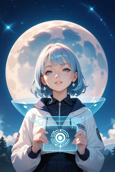  a girl,  starry sky,Full Moon holographic colors 