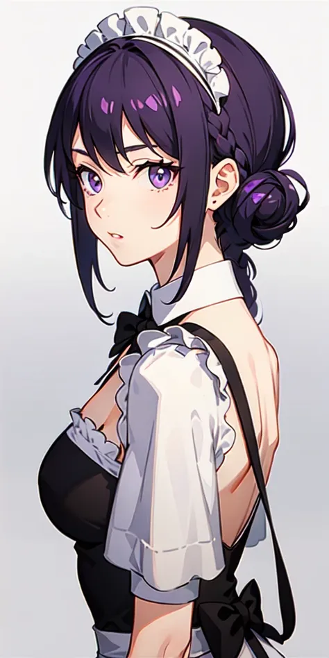 1girl, purple hair, purple eyes, maid, from side, looking at viewer