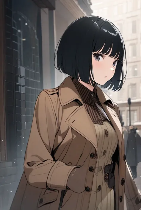 Detective woman with bob cut and trench coat