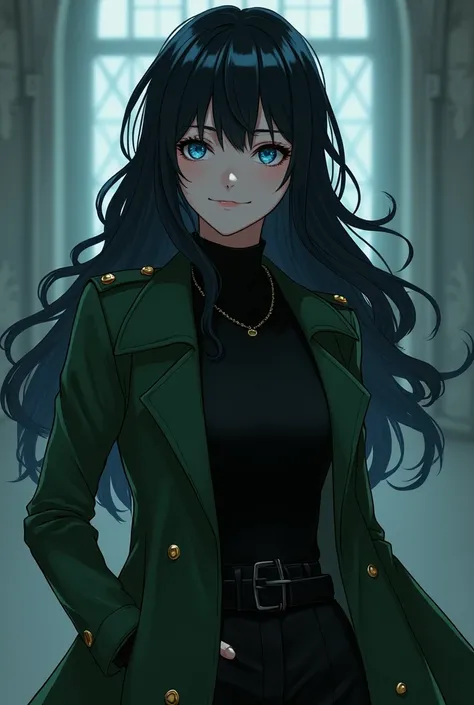  A character in the style of the anime Bungou Stray Dogs .  she is a 20-year-old girl ,  with long and wavy jet black hair , blue eyes and fair skin .  He wears a military green coat with a black t-shirt and black gloves.  Smile but with determination .