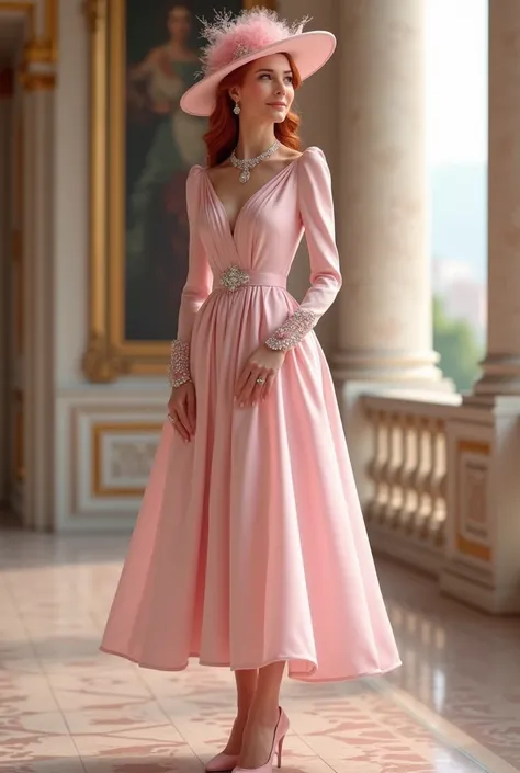 Elegant lady wearing  light pink cote type mid elegant dress with a elegant light pink hat  she wearing light pink high heels and a light pink purse , and she wearing light pink diamond necklace with light pink diamond earings and a ring ,thats lady has re...