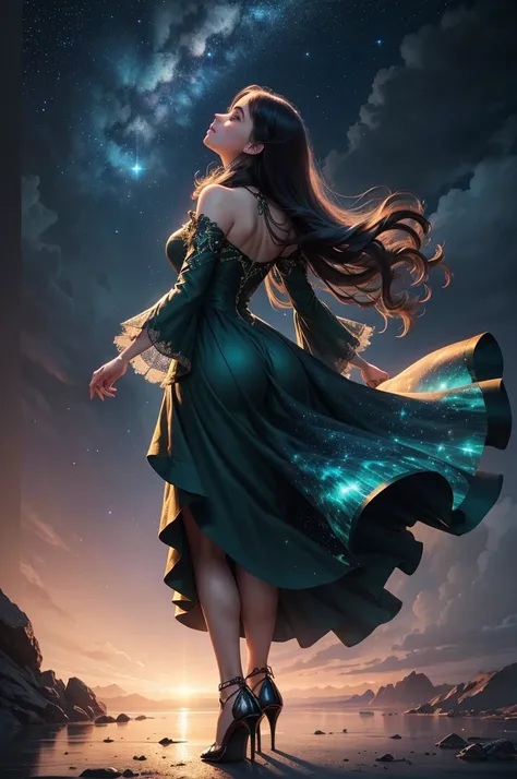 a beautiful young girl standing from behind, looking up and reaching up with her arm grasping a shimmering star, wearing an elegant dark green dress with high heels, in a night scene with a starry sky background, (best quality,4k,8k,highres,masterpiece:1.2...