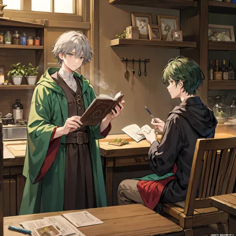 The dark green-haired wizard man is holding medicinal herbs and talking at the counter with the gray-haired wizard man