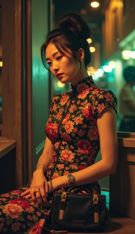  Wong Kar-Wais cinematography style，Film Aesthetics， movie camera，Stills， realistic photography，, this lady 。 In this wonderful picture ， The background of the picture looks like a The interior space 。 The woman seems to be posing to take pictures ，, this ...