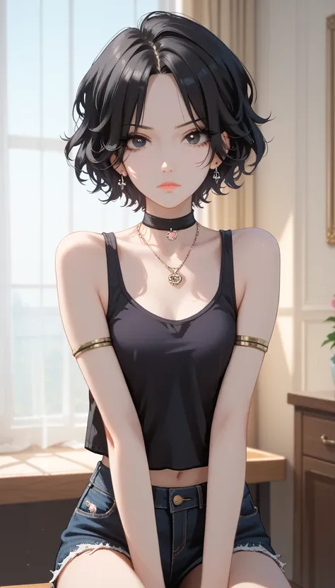 Surrealism, 8k, super detail, UHD, masterpiece, super detail, high details, high quality, best quality, highres, 1080P, HD, perfect anatomy human, anatomically correct, mature girl, 1girl, (solo), cute, sweet, short hair, tomboy hair, black hair, black eye...