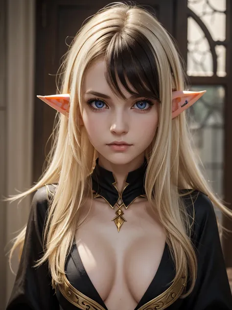 (best quality), 1girl, female, pale skin, (black hair), blonde ombre, medium hair, messy hair, hair over eyes, (brown eyes), perfect eyes, dark circles under eyes, skinny body, petite, flat chest, (elf), pointed ears, fantasy outfit, scowl, ish, masterpiec...