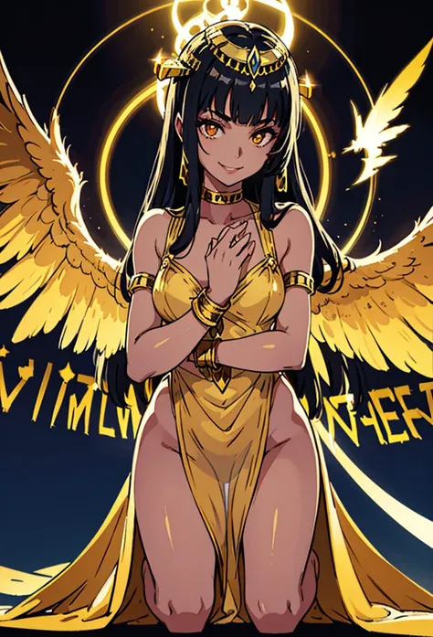 evil smile, teen Cleopatra with an evil smile dressed in a Sexy Transparent Nightie in gold color,4 black wings are deployed,Cleopatra is kneeling on the sand,luminous sparks float in the air.evil smiling, illustration, masterpiece, best quality,warm light...