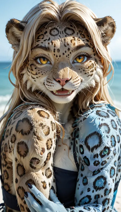 (zPDXL2), (PonyXLV6_Scores), rating_safety, Expressiveh, three-quarter portrait, BREAK
lhata4564, d3t41l3d, 
Duo, twins, Anthro, Furry, female snow leopard, female jaguar, happy face expression, summer beach, looking at viewer