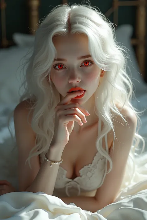  beautiful young girl , small lips,  curly long white hair , scarlet eyes, in a light nightie ,  on the bed in the bedroom,  puts his finger against his lower lip and sticks out his tongue slightly