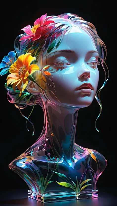 Transparent Portrait Sculpture，Illuminate the edges, Dark background，Minimal Art, vibrant colors in the glass, flower in hair, high resolution 