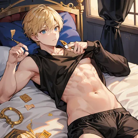 The golden short-haired merchant wears black boxer shorts holding a used condom in his hand on his bed