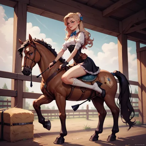 1girl, skinny horse, girl riding on a skinny horse, saddle, riding crop