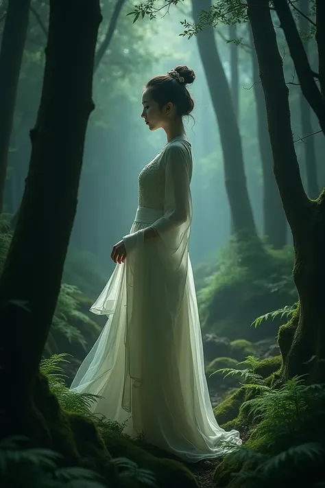 Asian girl in a dark forest 