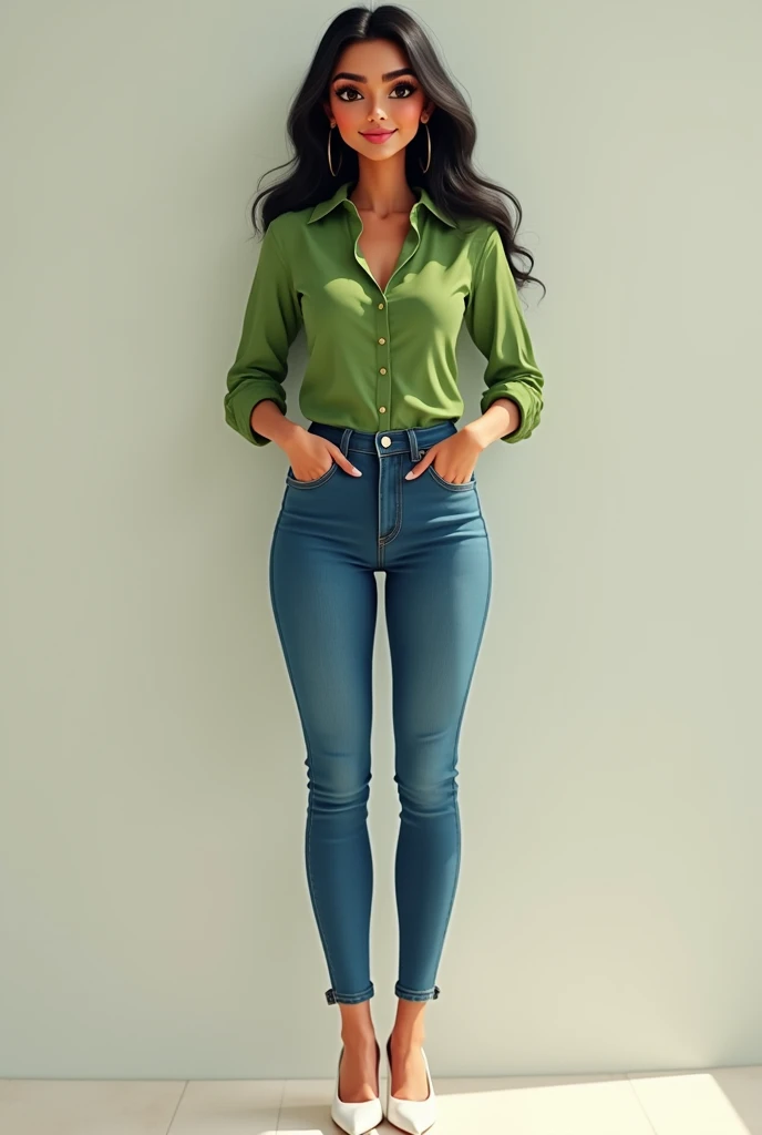 Real image of Indian Bhabhi in round face small nose white high heels green shirt blue jeans