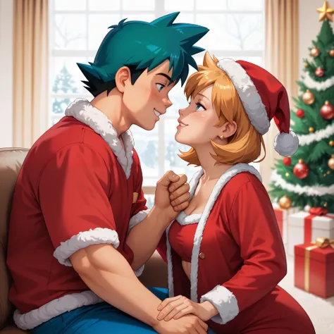 highly detailed, (couple), hetero, (duo focus), highres, 1man, 1woman, BREAK, 1man, ash ketchum, ashxyz, aged up, handsome boy, good looking boy, santa outfit, BREAK, 1woman, Misty_G, left hand, five fingers, christmas outfits, christmas tree, christmas de...