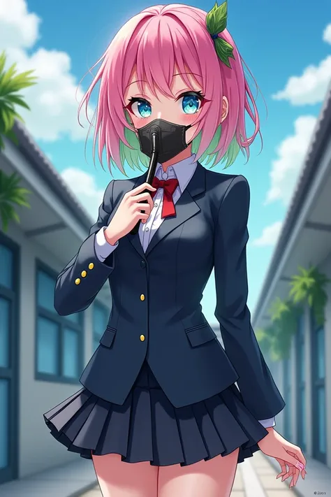 Create an anime character, with pink and light green hair ,  Blue Eyes,  perfect body with perfect waist and curves,  a school uniform with a slightly short skirt, com o personagem Sniper mask.