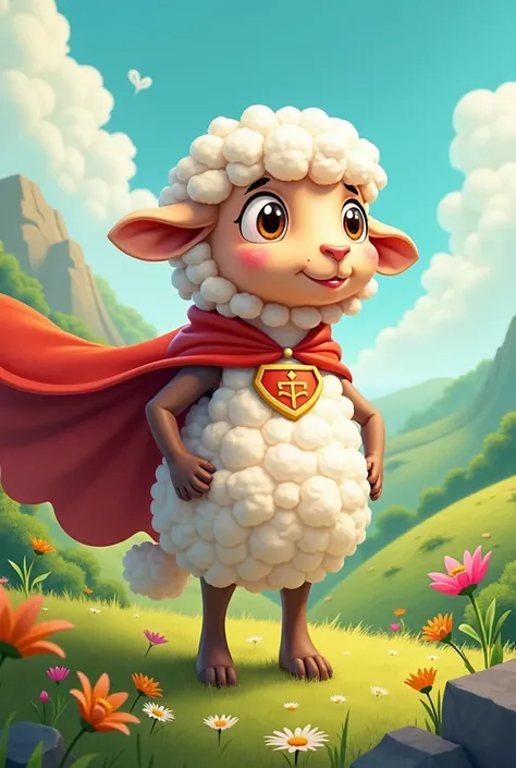 cartoon character , It is a sheep with a cape and a lot of personality ,  she ensures the safety of other animals and the care of nature