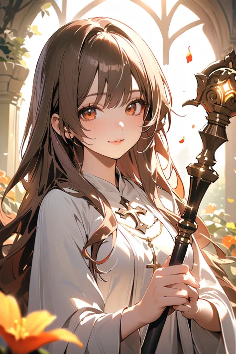 1 girl, (serene face), young adult, wavy long hair, (dressed in a clerics gown with holy symbols), small breasts, petite, (holding a glowing mace),  
BREAK  
picturesque path adorned with colorful flower petals, peaceful garden in the background, (gently t...