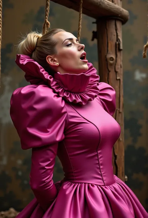 (realistic photograph close up sideways historical) (a big bust slender waist beautiful sexy looking surprised  pleased lady having an orgasm with (hair bun)), (she is wearing (an exaggerated elaborate shiny fuchsia high neck dress with (oversized puff sle...