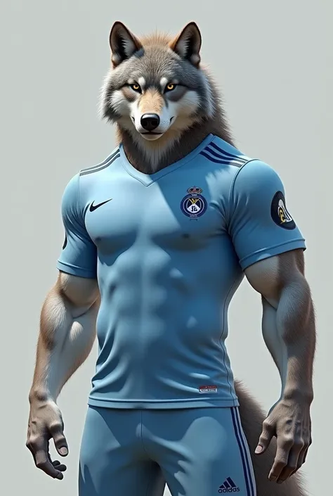 Muscular wolf with light blue soccer jersey