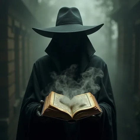 A character with a hat and a face partially hidden by shadows or smoke ,  holding an open book where creatures or shadows that suggest terror emerge.

