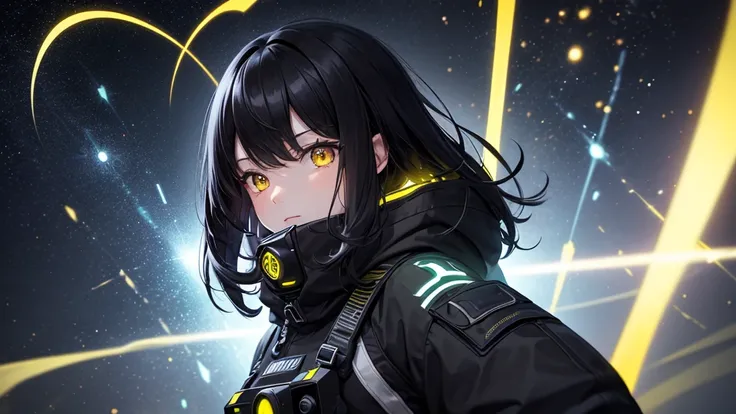 from future intelligence, technology background, complex mystery, unexpected variables, sudden result, strange things, transient waves, light fog, colorful signals, confident look, space black pioneer dress, yellow eyes, black hair