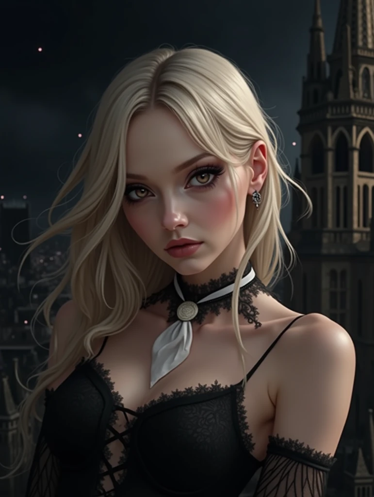 Gothic witch woman with white handkerchief in the heights of Paris blonde 