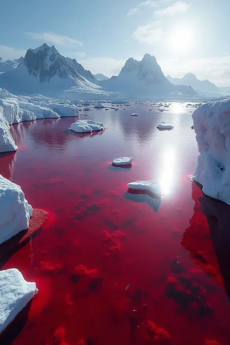 "A breathtaking and hyper-realistic depiction of Antarctica bathed in daylight, with an otherworldly twist. The icy, jagged terrain contrasts starkly with a vast ocean of deep, crimson-red water, resembling blood. Icebergs float serenely on the vivid red s...