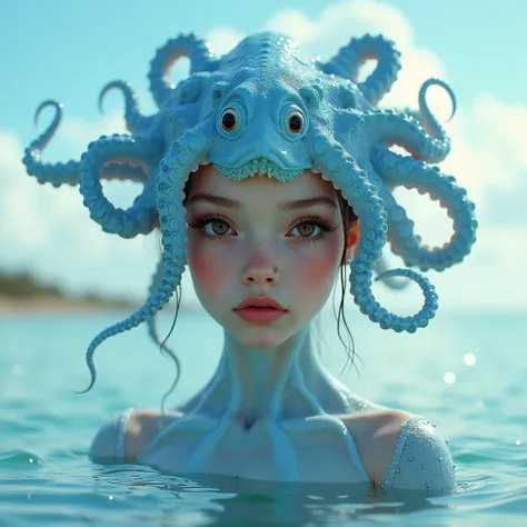 Teenage girl with an ethereal, aquatic-octopus-inspired makeover.  Detailed, light-blue octopus tentacles form a headpiece and blend into a flowing, shimmering, light-blue skin texture on her shoulders and upper body.  She has a delicate facial structure, ...