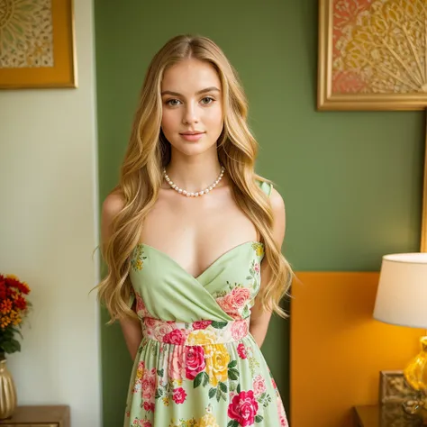 "A beautiful young woman with long, straight blonde hair and fair skin, posing indoors with soft natural lighting. She has striking green eyes, well-groomed eyebrows, and a subtle pinkish lip tone. She is wearing a colorful, vibrant bohemian-style dress wi...