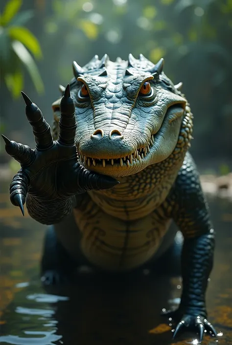 Realistic crocodile stretching out his hand and taking a selfie from the front 