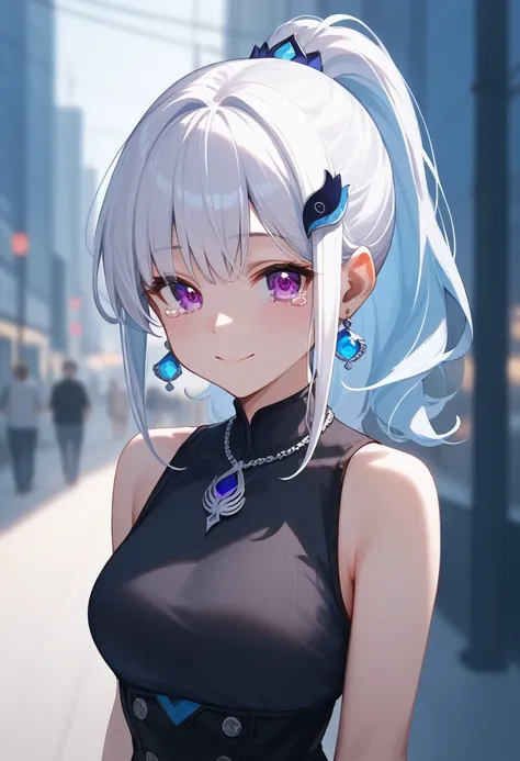 One girl with high ponytail hair, bangs, white hair, blue inner hair:1.25) , purple eyes, looking at viewer, blushing, little smile, tears, black sleeveless dress, bare hands, outdoor, earrings, dating, standing, necklace, citylight, dizzy, mid-chest, nigh...