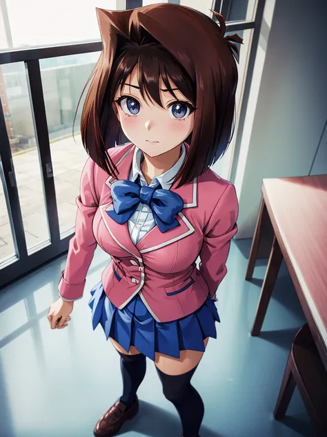  top quality, 1aamazaki, (antenna hair:1.2), medium breasts, blue bowtie, pink jacket, blazer, long sleeves, blue skirt, pleated skirt,  black high socks,  standing with different breasts ,  shy expression ,  lovehotel