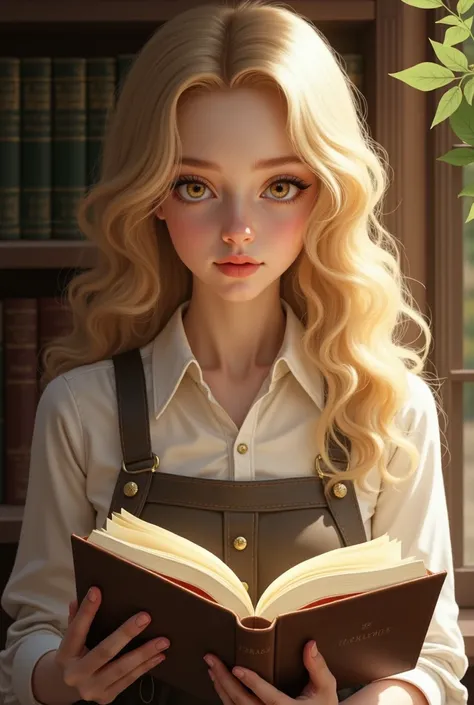 Blonde girl with curled hair honey-colored eyes white skin dressed in a midi skirt and shirt reading a book 