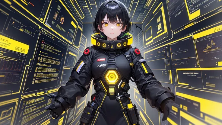 from future intelligence, technology background, complex mystery, unexpected variables, sudden result, strange things, transient waves, light fog, colorful signals, confident look, space black pioneer dress, yellow eyes, black hair