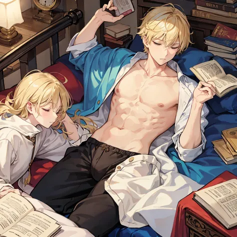 The blonde merchant man is sleeping on the bed in underwear while reading a book