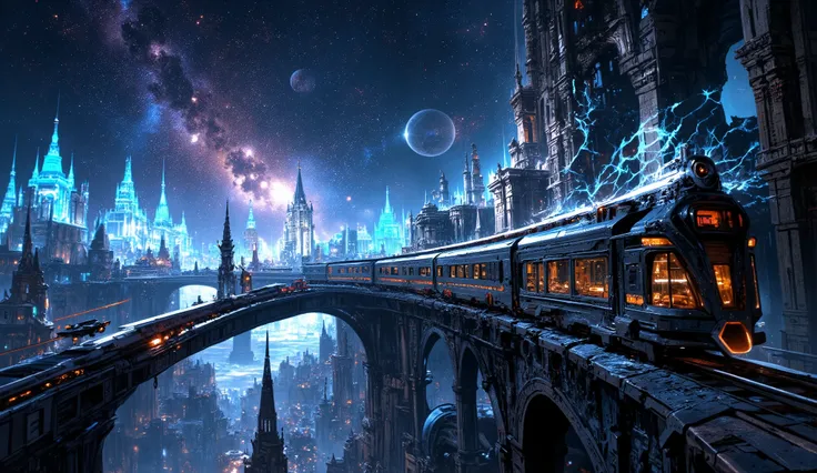  science fiction  ,  realistic .  shining shadow of a cyberpunk train flying through cosmic space in a very spiral and dynamic way,  breaking many layers of dimension , with many beautiful traces of light  .  many historic monuments are holographically sho...