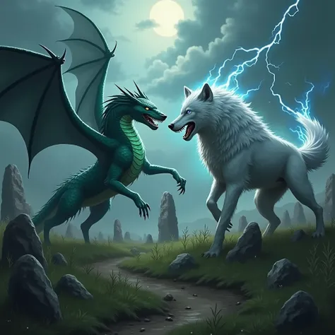 (Dark Epic Fantasy art) In the dark fields of Scotland, under a sky torn apart by storms, a winged serpent with emerald green scales and eyes black as night is locked in a fierce battle with a colossal wolf of silver fur and ice-blue eyes.
The air is fille...