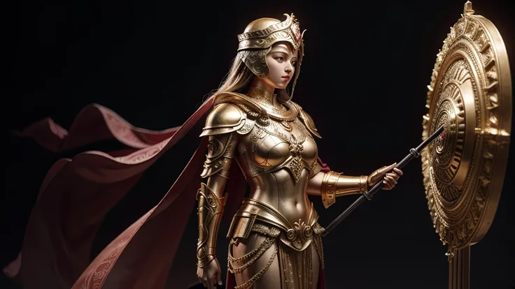 An intricately carved statue of a stoic Athena, adorned with a detailed helmet and shield, standing gracefully with flowing robes, luminous lighting contrasting against a black and red gradient background, cinematic framing, high realism, 8K.