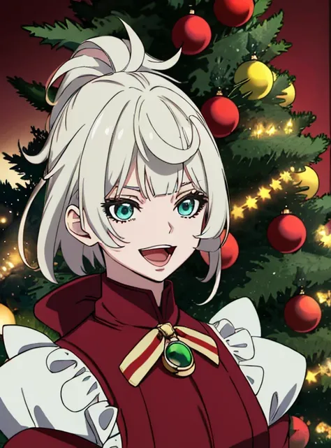 {red and green and black theme, Christmas theme}, 1girl, solo, dress, short hair, (upper body:1.3), white hair, black and red frilled dress, pantyhose, smile, bow, blunt bangs, open mouth, red footwear, puffy sleeves,  red bow, christmas,  flower, hair orn...