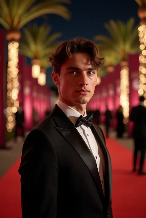 Create an up-close NIGHTTIME image at the Entrance of the themed evening gala event written The Best FIFA at the iconic Sydney Opera House,   a 20-year-old man , Tall and strong, muscular,  short wavy hair ,  brown eyes ,  tanned skin . Wearing a luxurious...