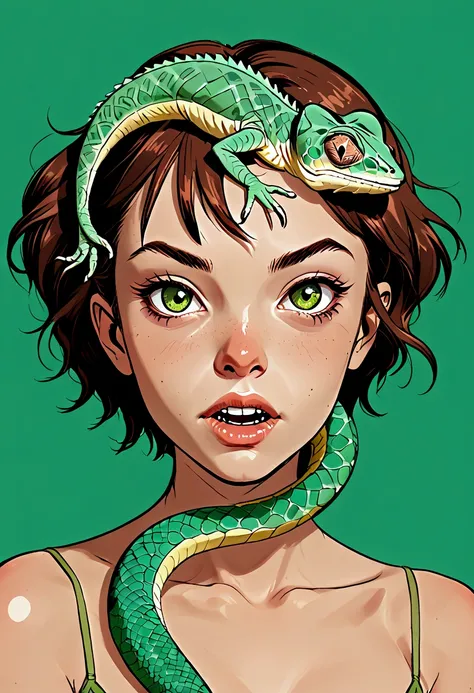 Half a chameleon girl ,  skin around her mouth is missing sharp teeth, place of arms green snakes  