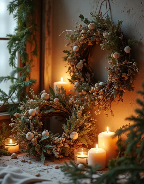  Christmas wreaths decorated with warm candles、A simple and beautiful space characterized by decorations made from natural materials 。