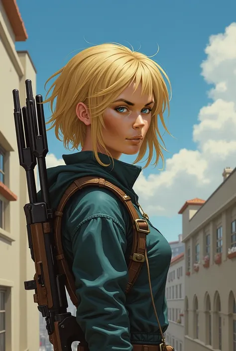  Masterpiece,  of the highest quality,  high resolution ,  Magic the Gathering style, Riza Hawkeye , sniper, open plan, concentrated, roof, you can see the sky.  She wears the same clothes as curly Hawkeye . She has a similar face .  The style has to be ve...