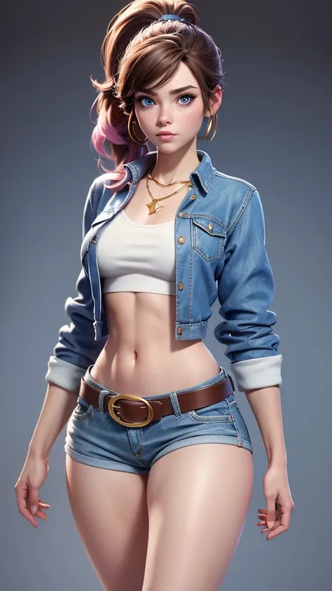 Kitty Pryde with a dark brown ponytail hair, big blue eyes, very small breasts, belt, cotton cream top and open pink cotton sweater  jacket on top!, gold necklace,  low-rise light blue denim pants, slim body, covered navel, cropped legs, cotton, front view...